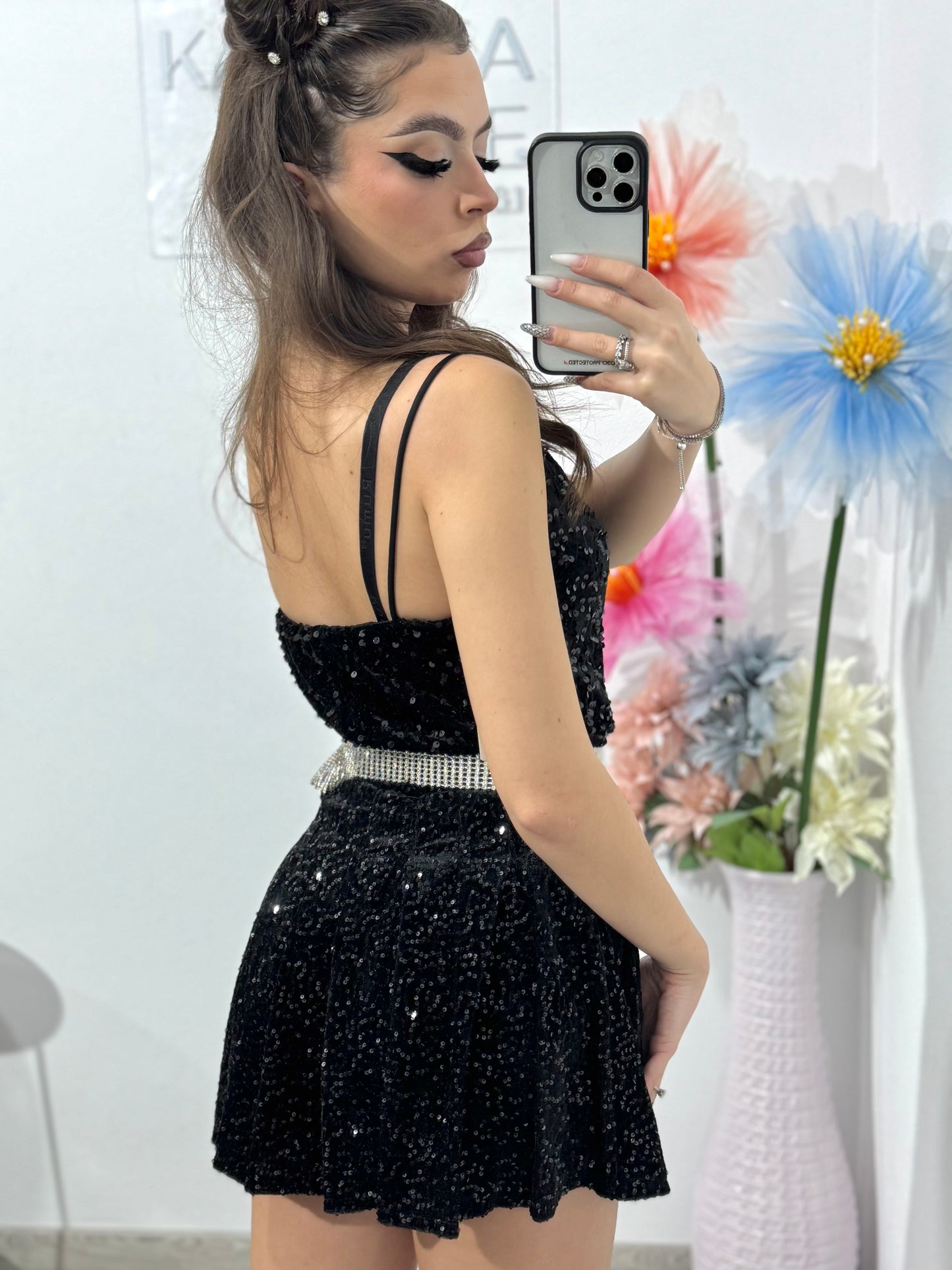 Fustă-pantalon plisată din paiete neagră DELIA