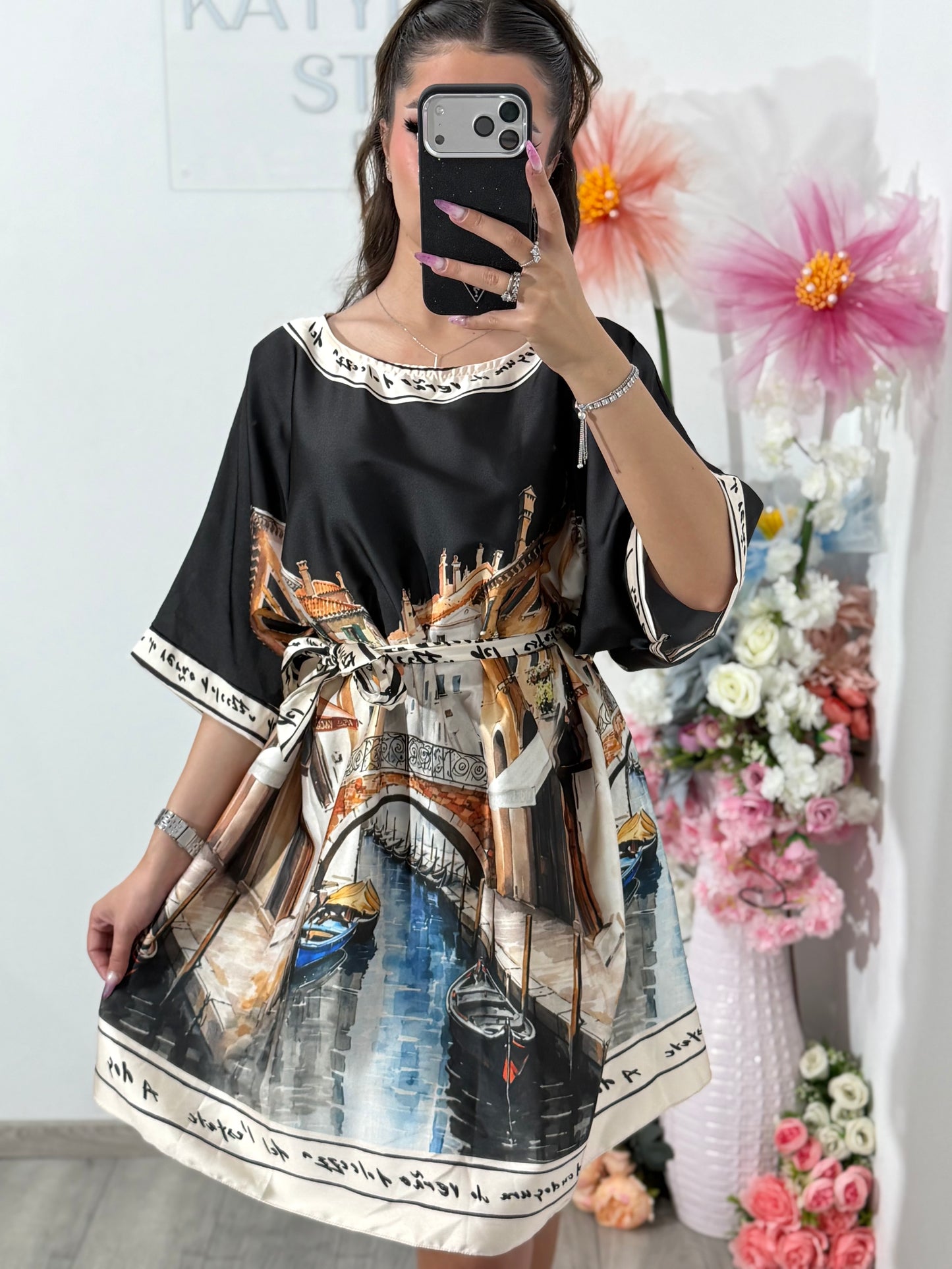 Rochie satinata cu imprimeu neagra RAYSA