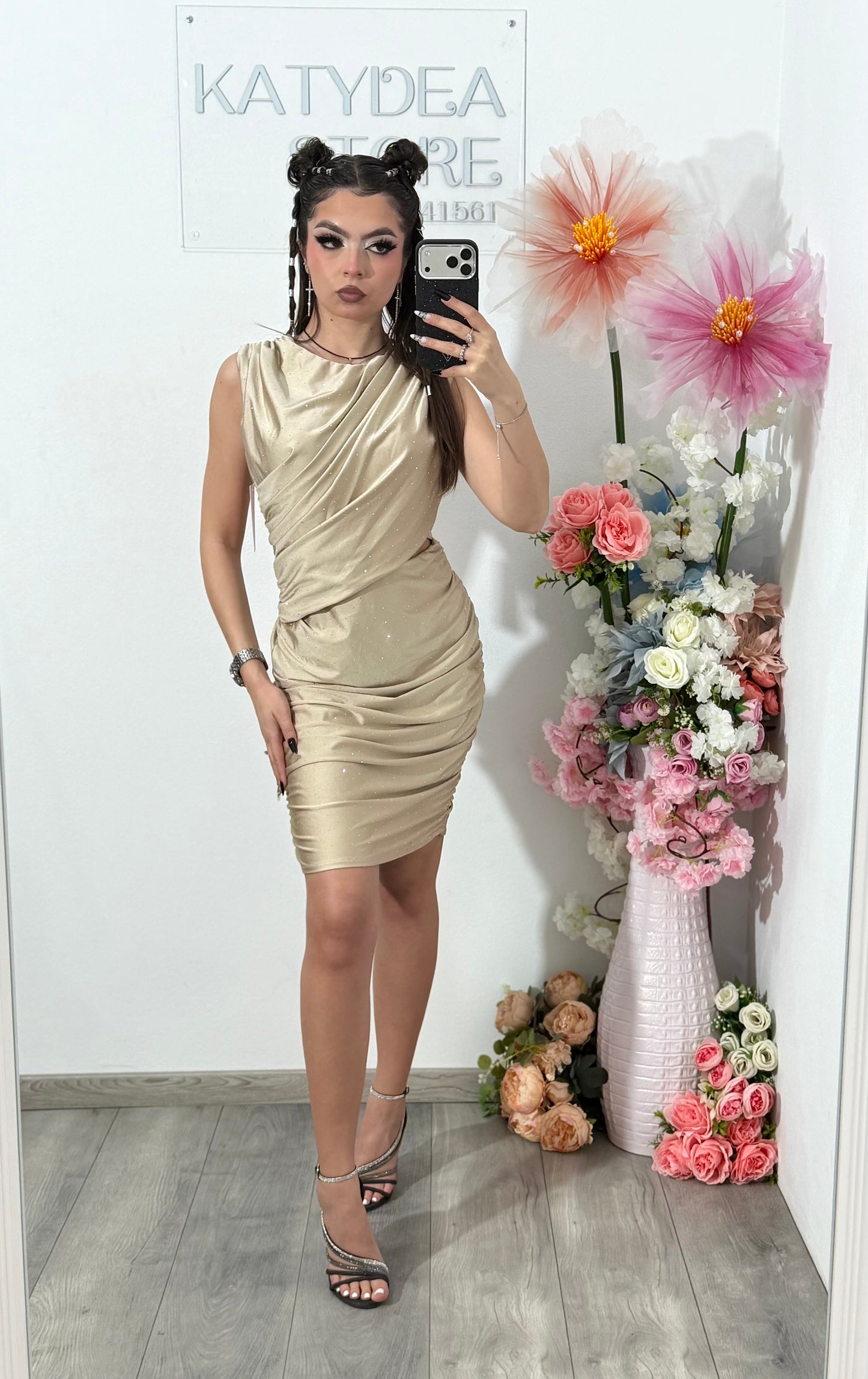 Rochie elegantă cu cristale ștanțate bej SELENA