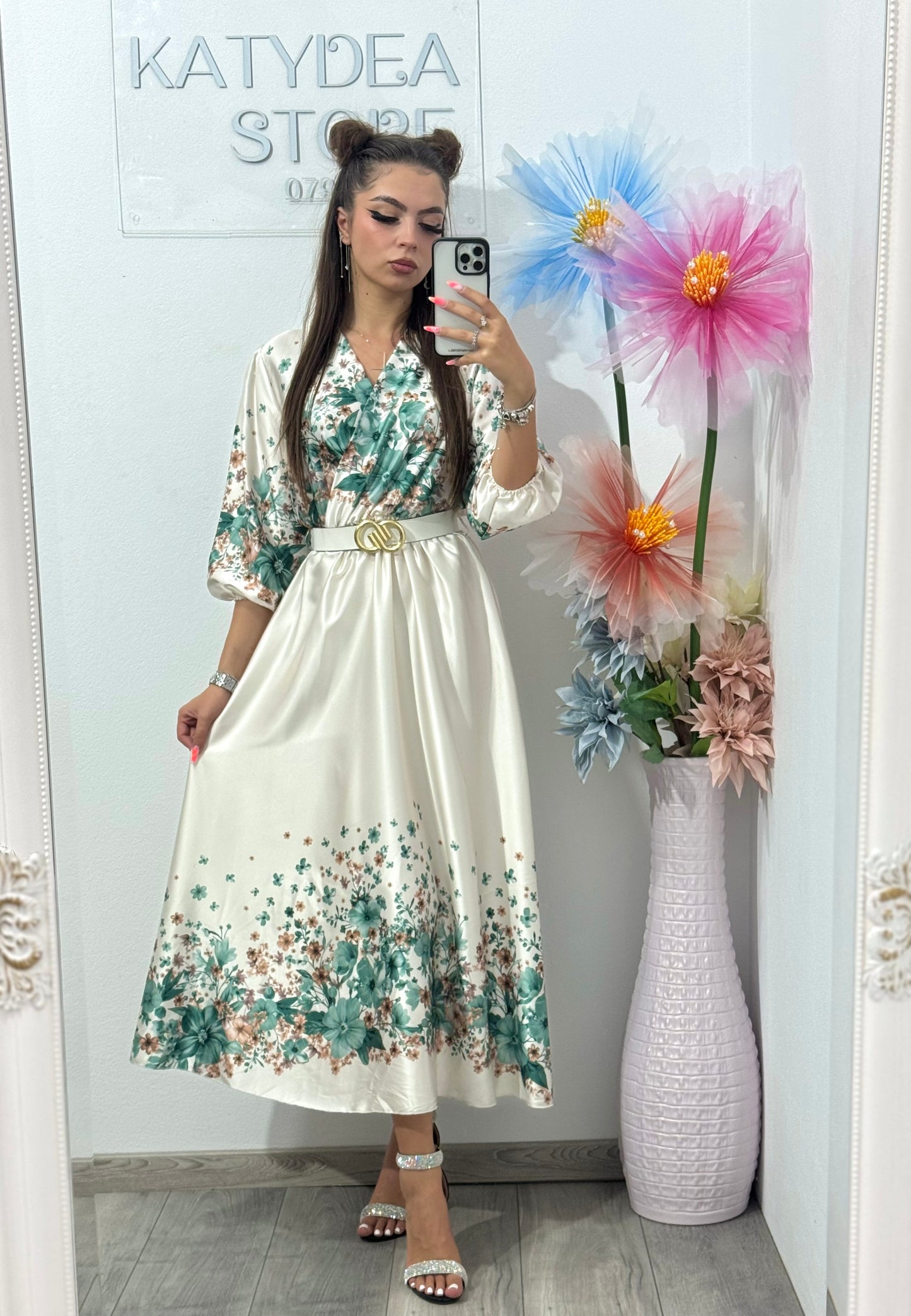 Rochie midi din satin cu imprimeu Flower