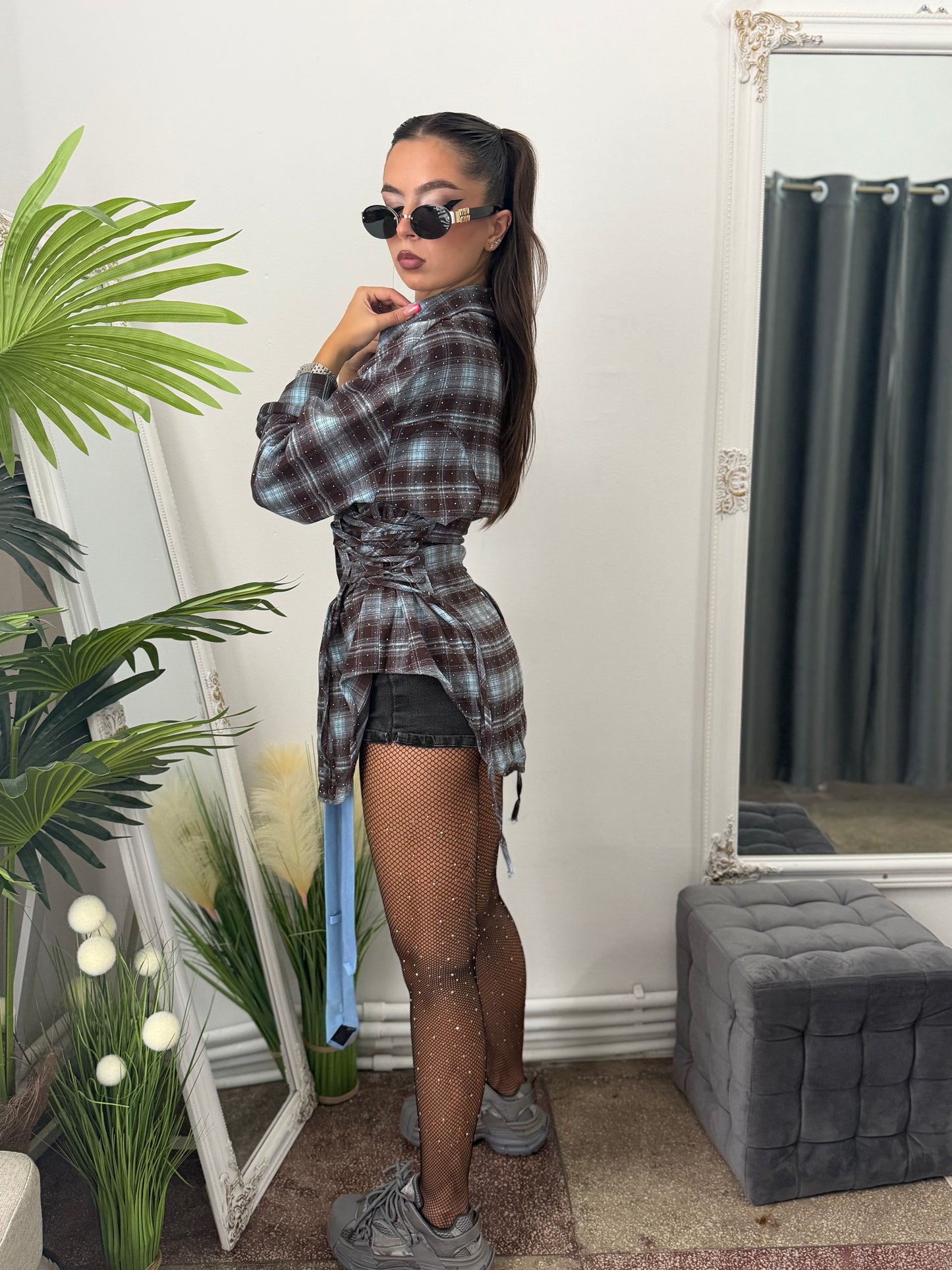 Cămașă cu corset și cristale ștanțate blue