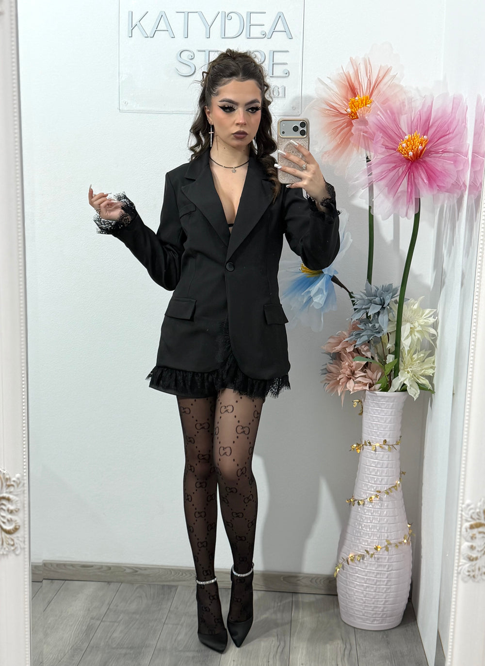 Sacou elegant cu dantelă negru HELENA
