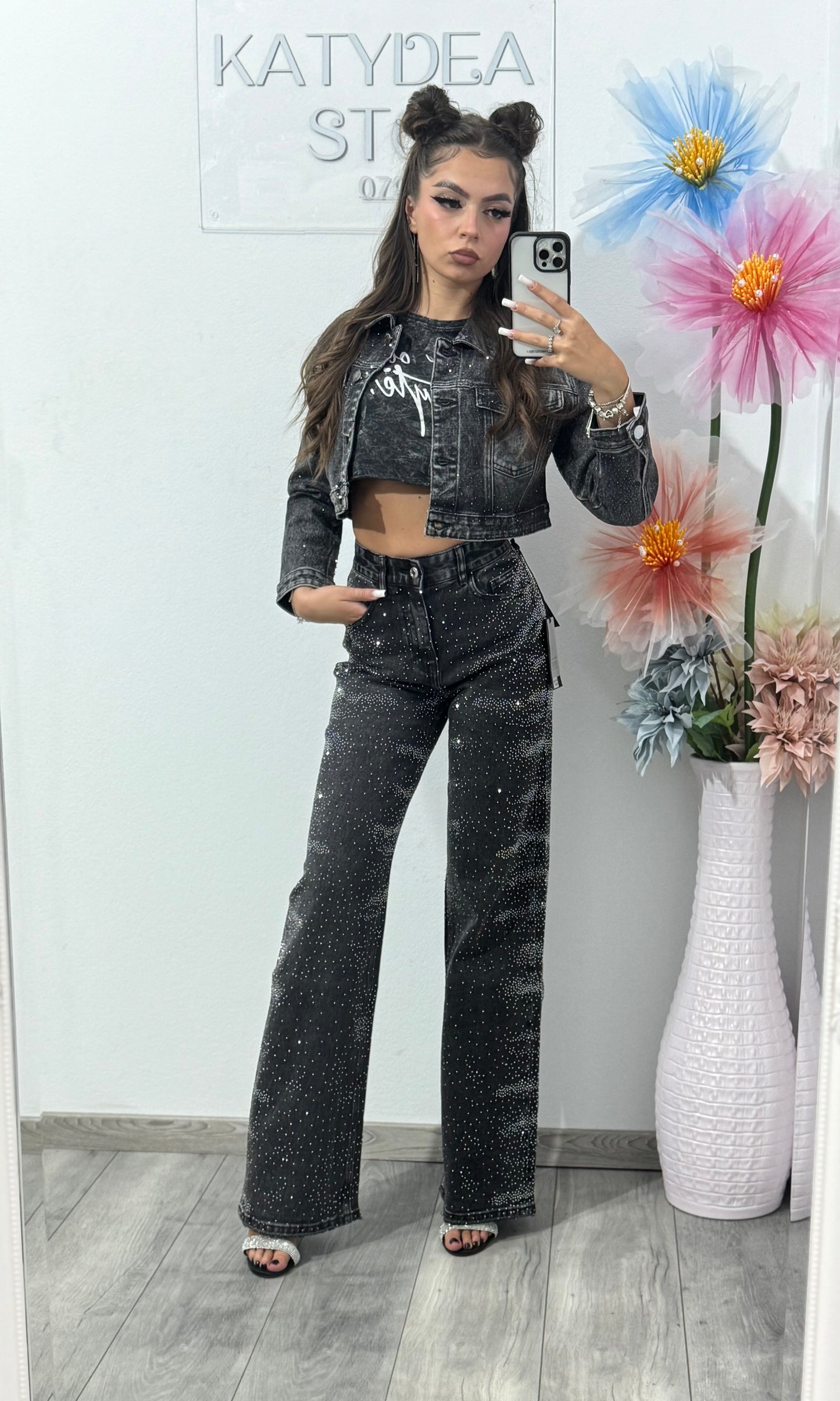 Jeans WideLeg cu cristale ștanțate Glam