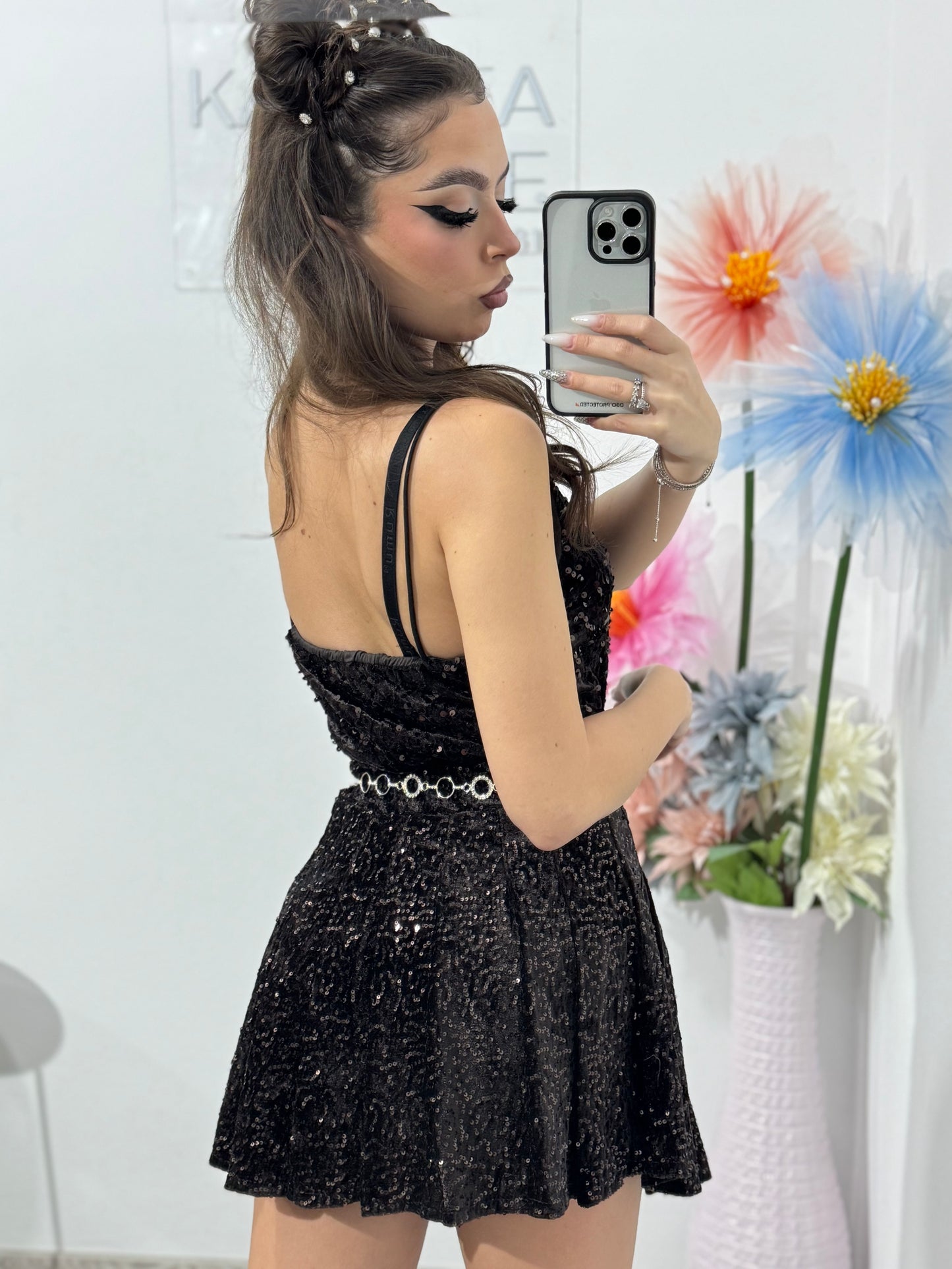 Fustă-pantalon plisată din paiete maro DELIA