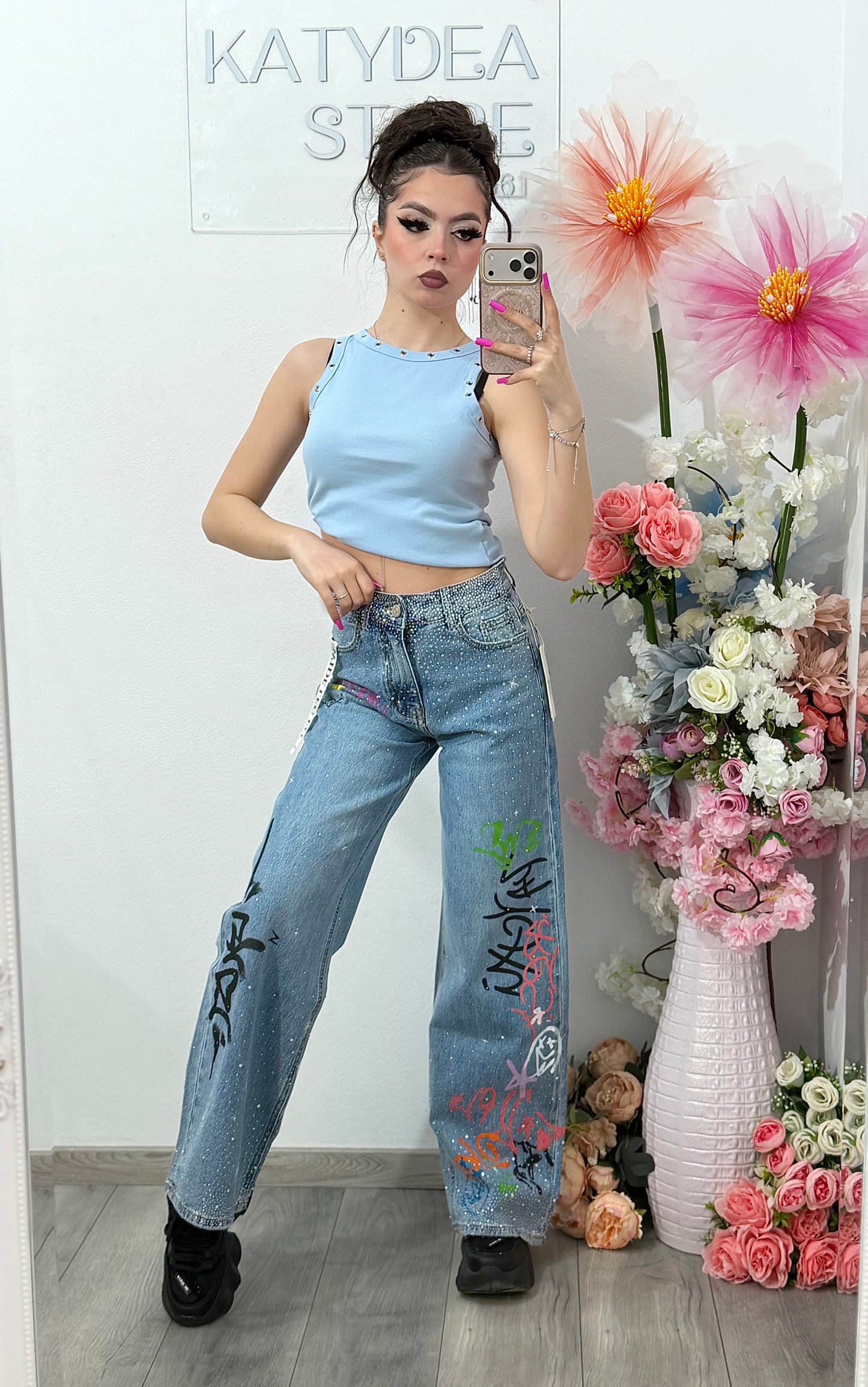 Jeans WideLeg cu cristale și grafitti ANDREE