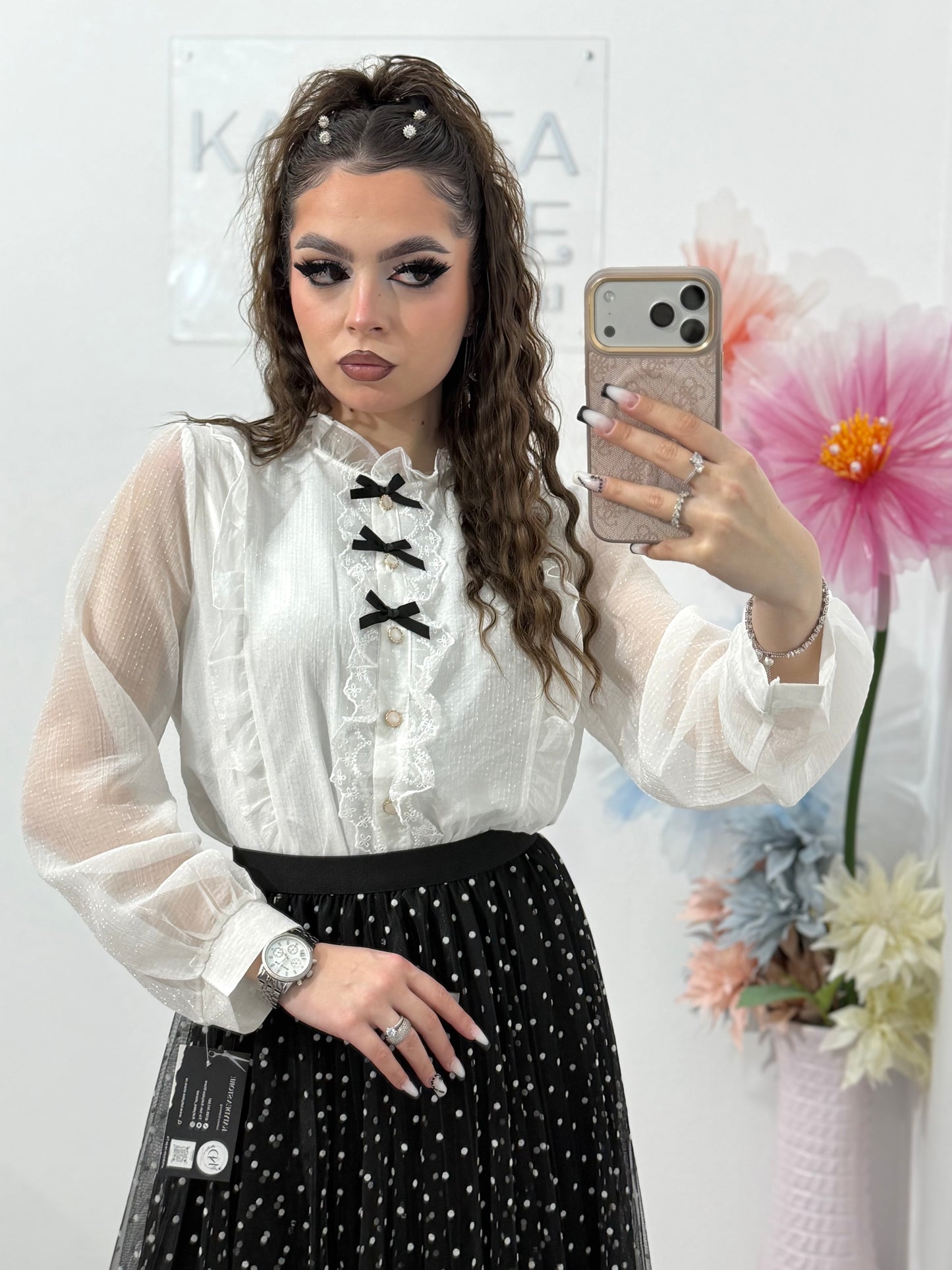 Cămașă elegantă din dantelă cu fundiță ELENA