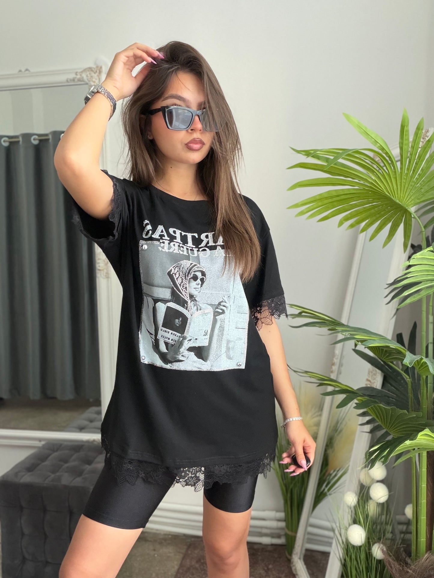 Tricou dantelat cu imprimeu negru GABY