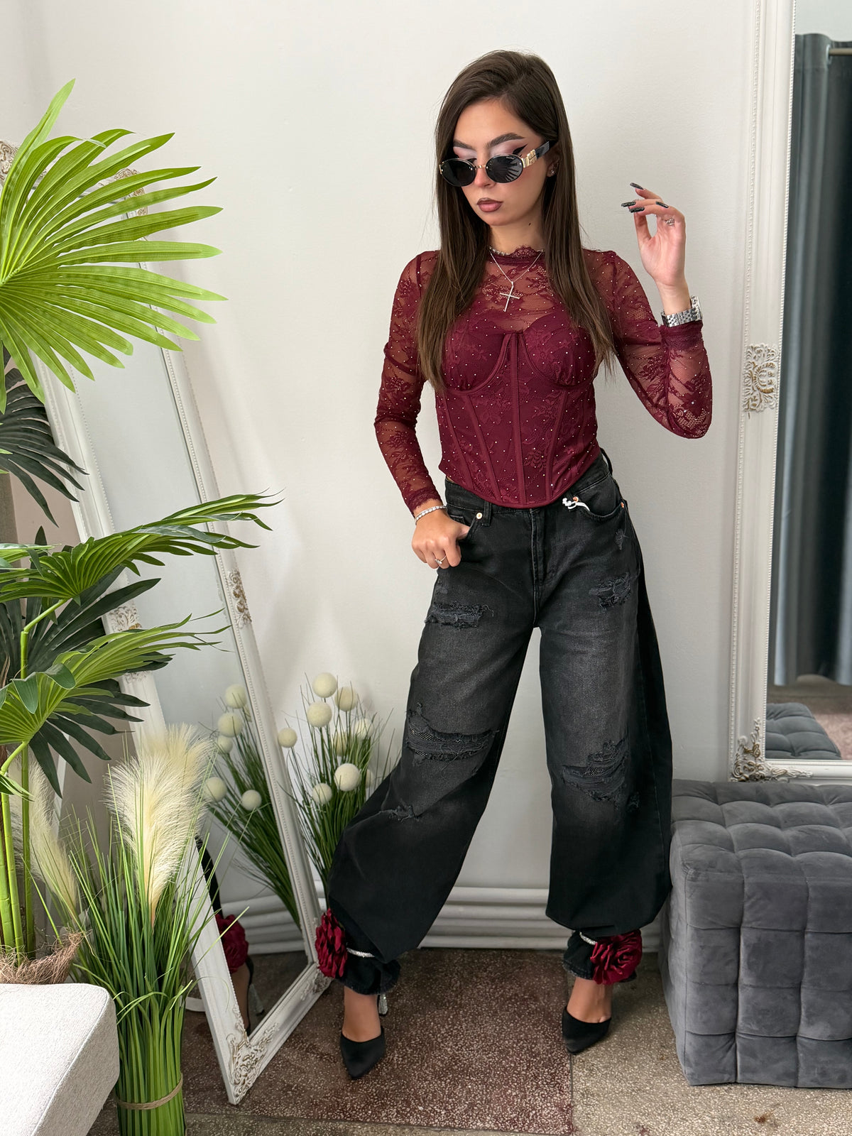 Top din dantelă cu cristale burgundy