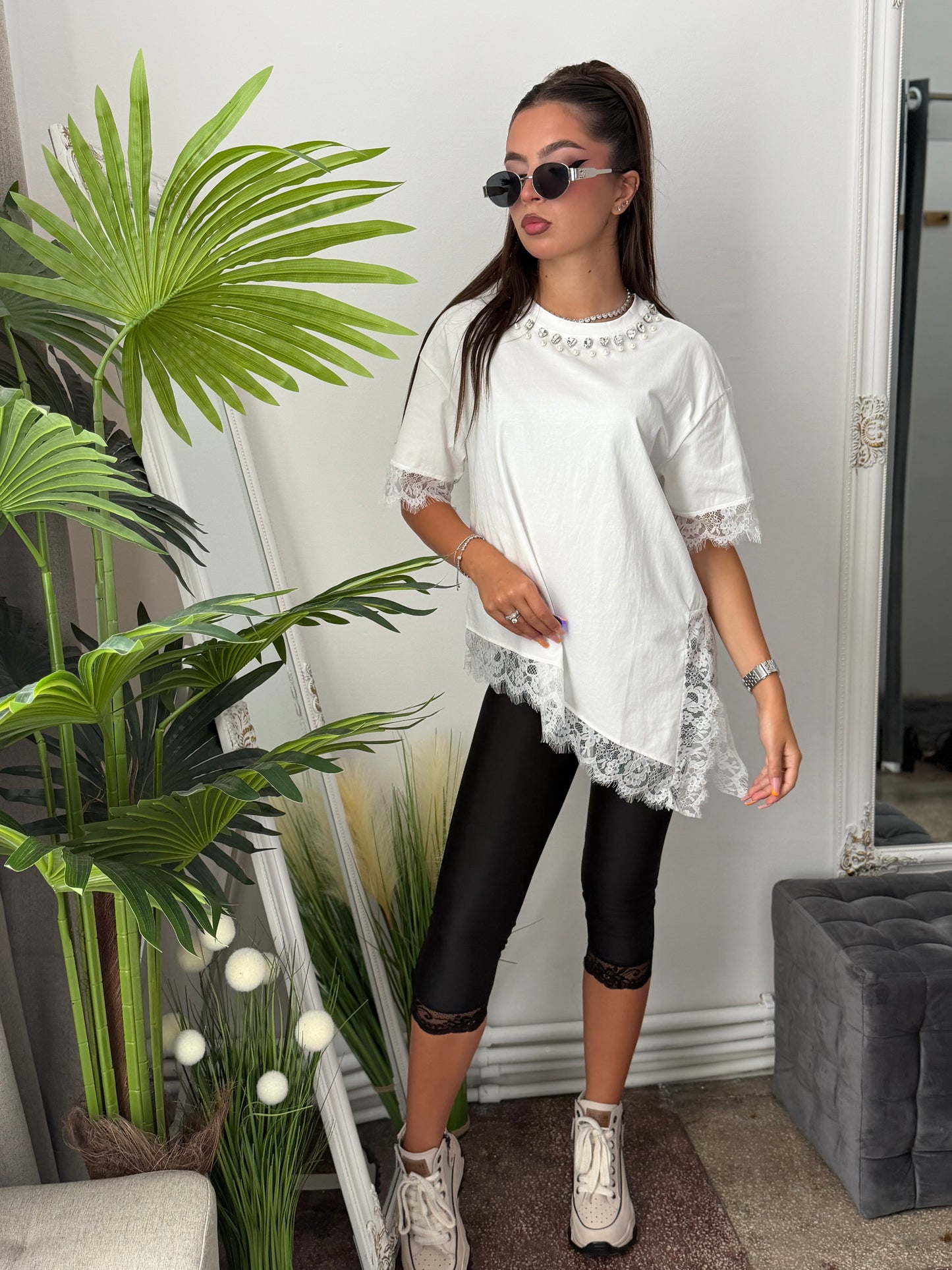 Tricou cu dantelă alb SARA