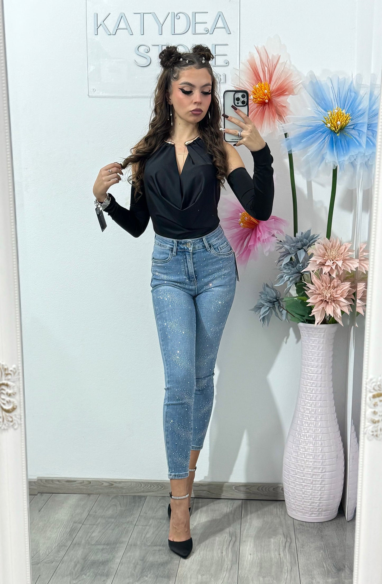 Jeans skinny cu cristale ștanțate albaștri Elsa