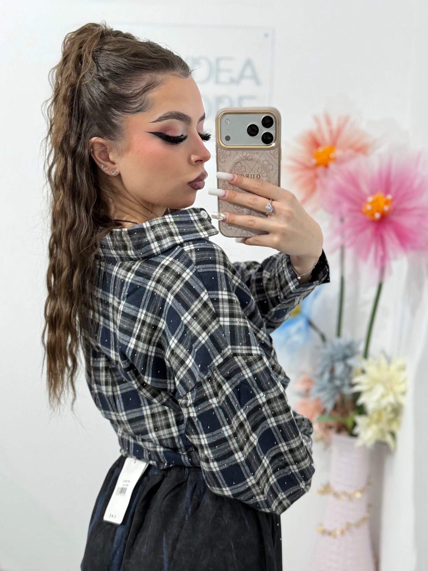 Cămașă în carouri cu cristale ștanțate XONIA