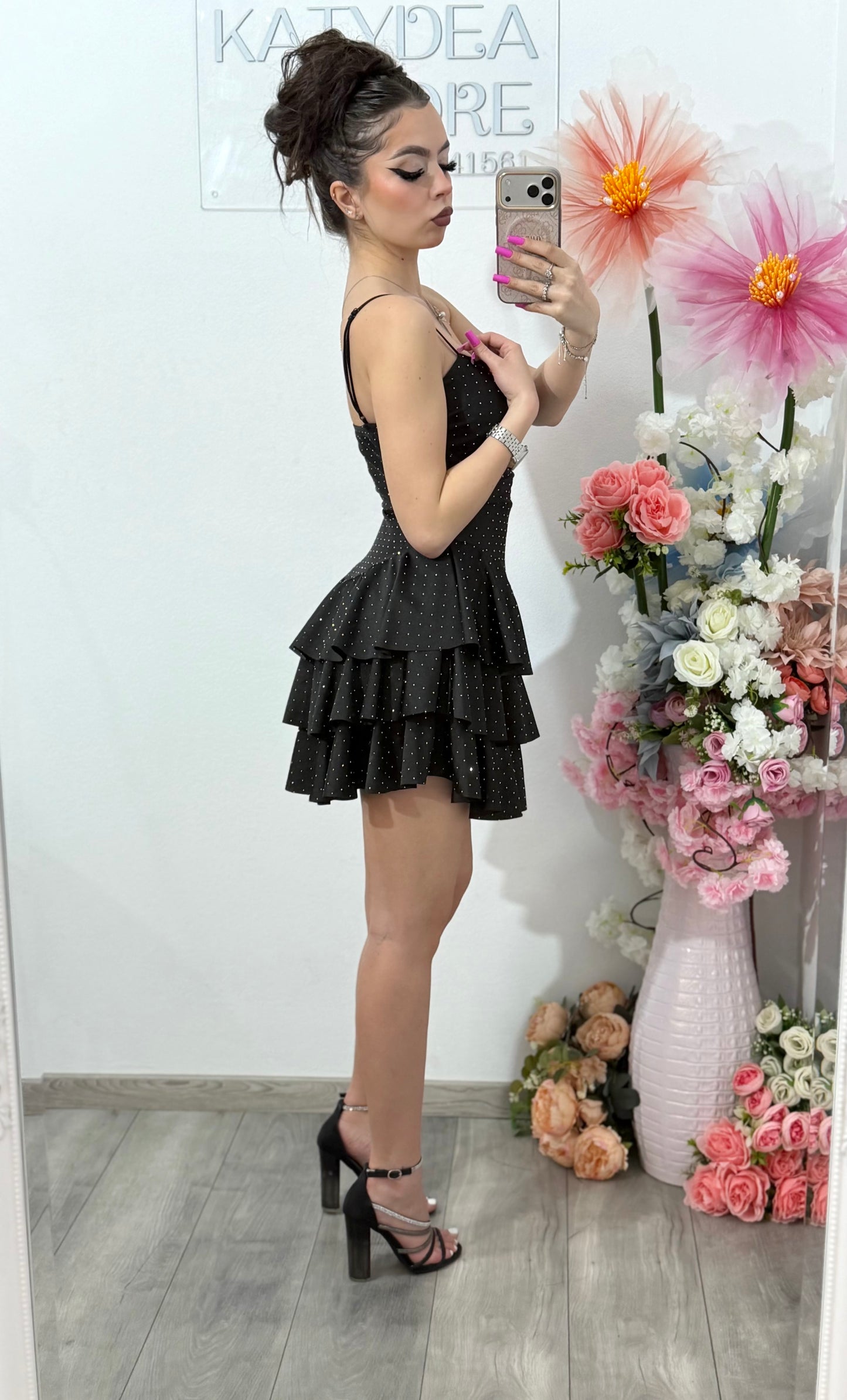 Rochie scurta neagra cu cristale ștanțate ZONIA
