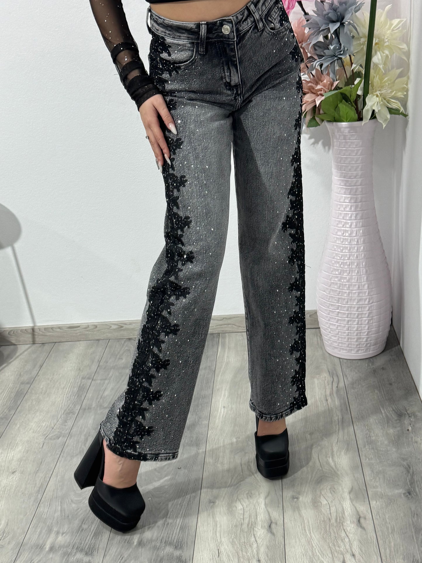 Jeans WideLeg cu dantelă și cristale LUXE