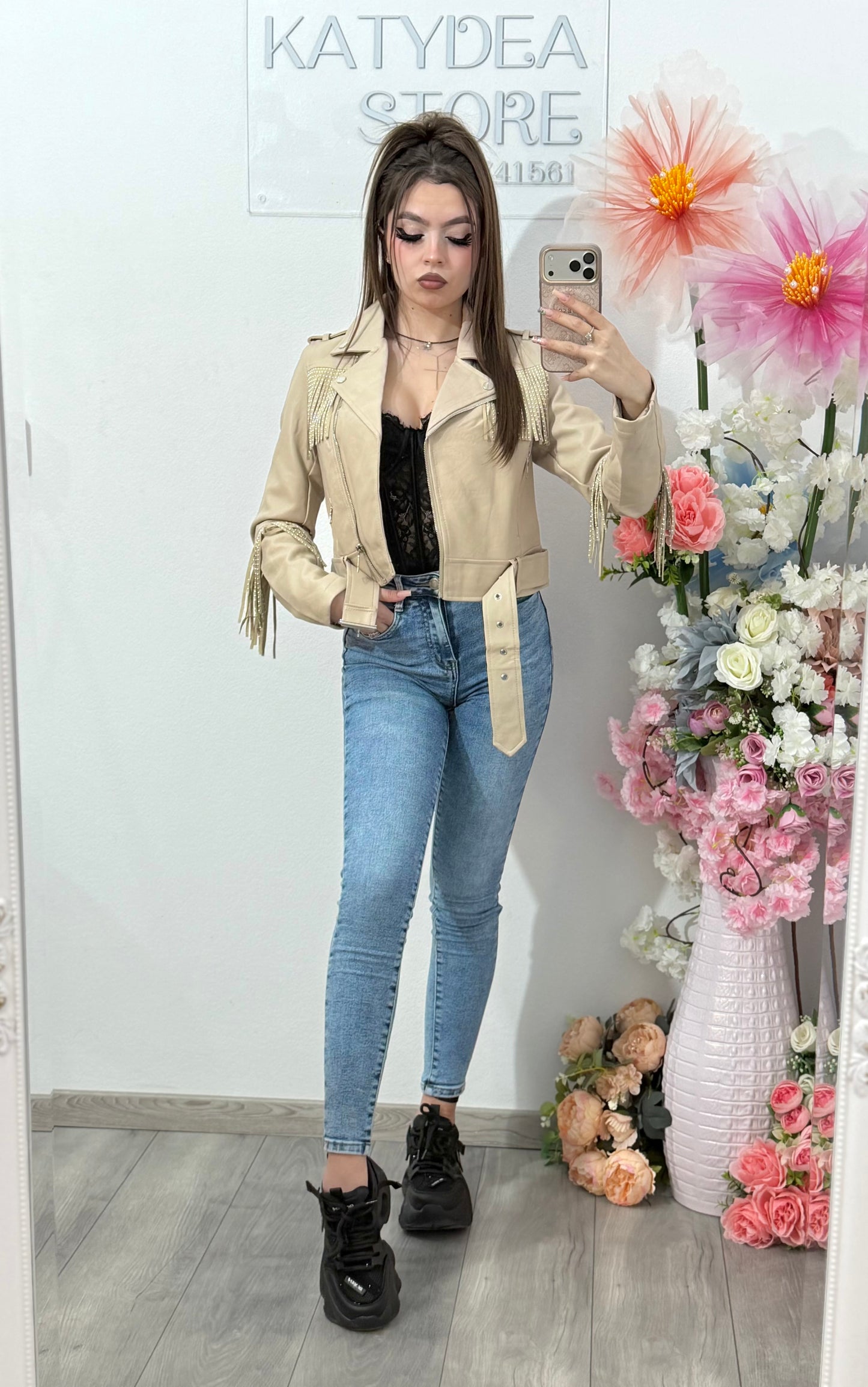 Geacă din imitație de piele cu franjuri bej MARA