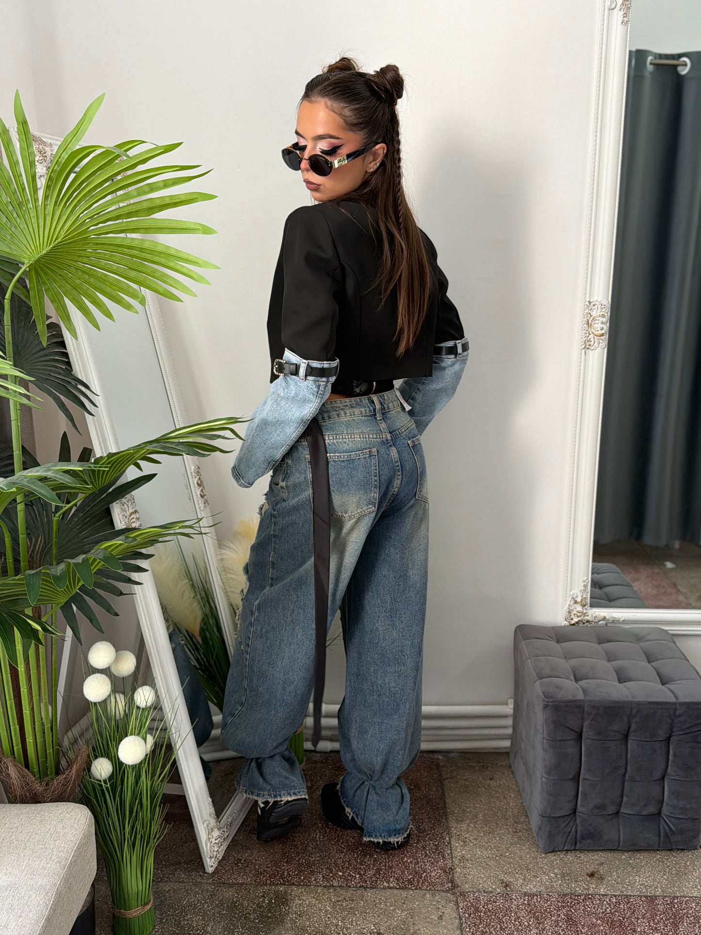 Sacou crop cu mânecă din denim