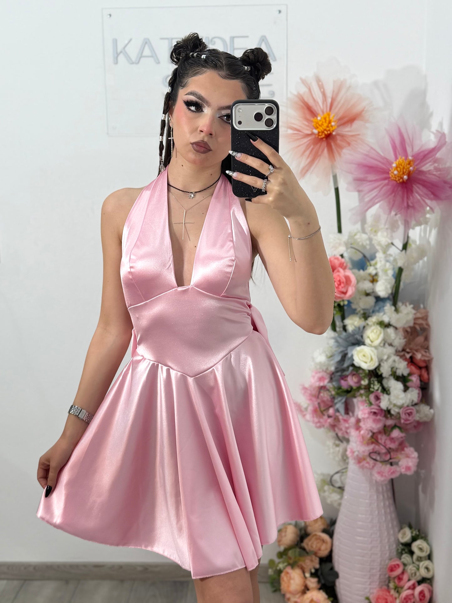 Rochie satinata cu funda BELLE roz pudra