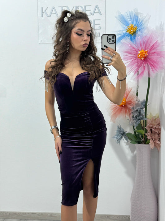 Rochie elegantă mov din catifea, cu umeri goi și despicătură pe picior Lolita