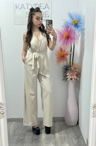 Salopetă elegantă cu cristale ștanțate crem Annabelle