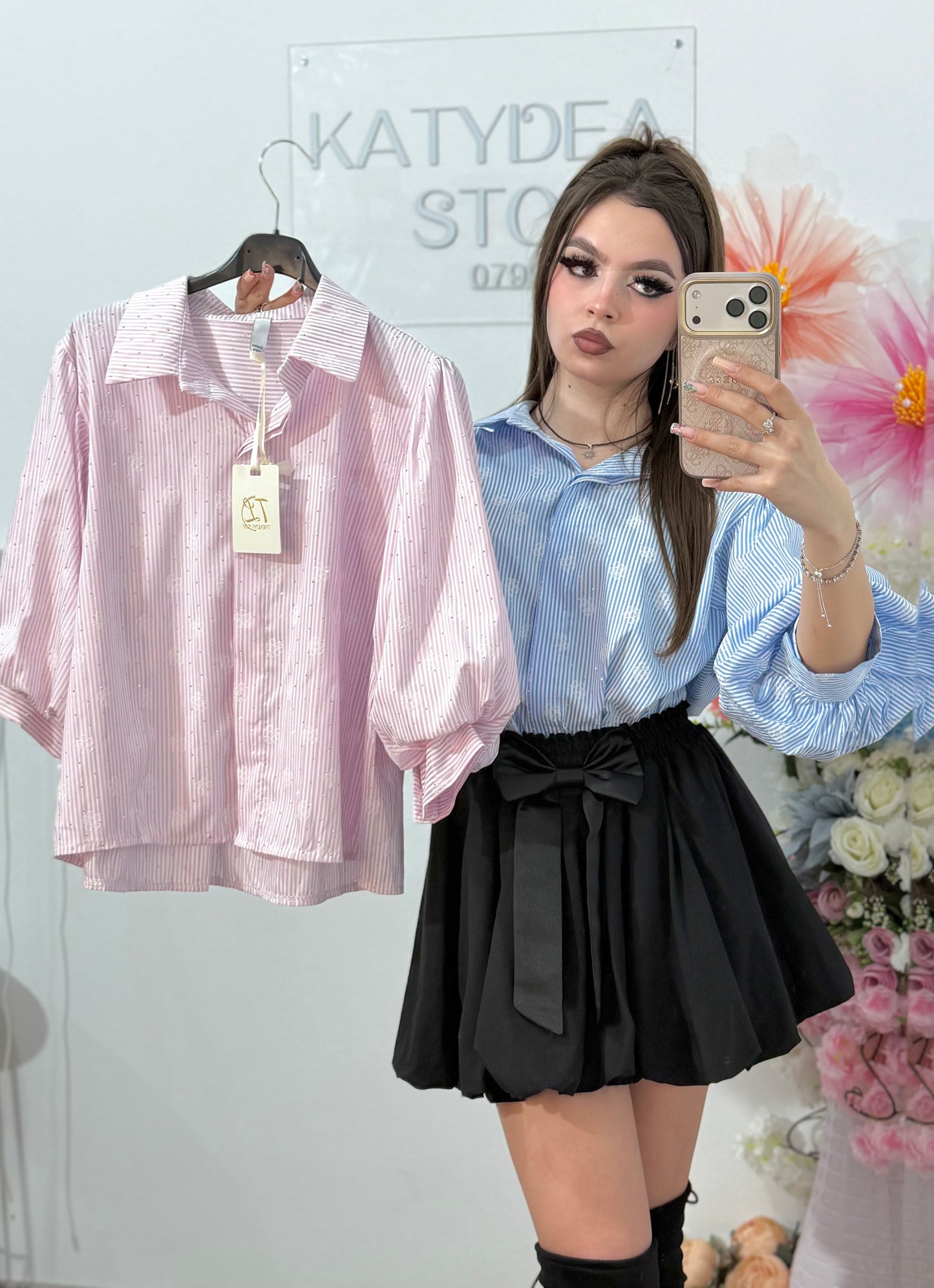 Cămașă delicată cu dungi și cristale ștanțate DELIA