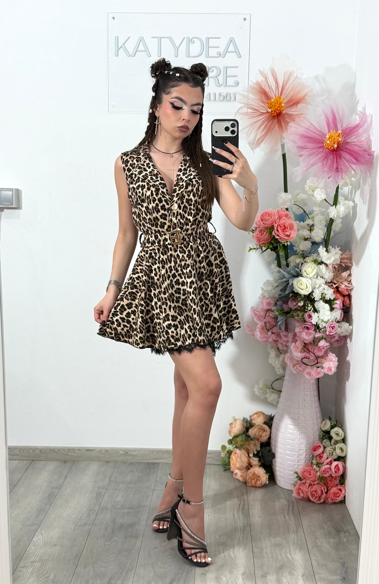 Salopetă elegantă cu cristale și imprimeu animal VICTORIA