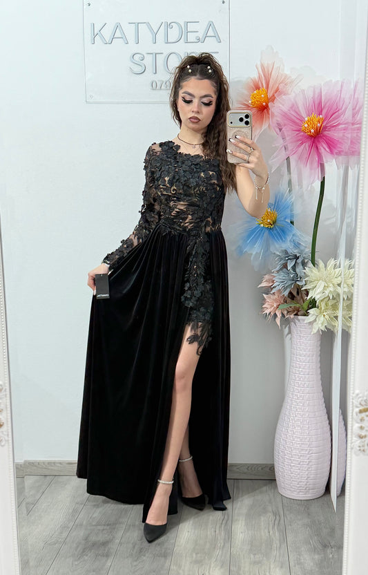 Rochie neagră spectaculoasă cu catifea și dantelă DELUX