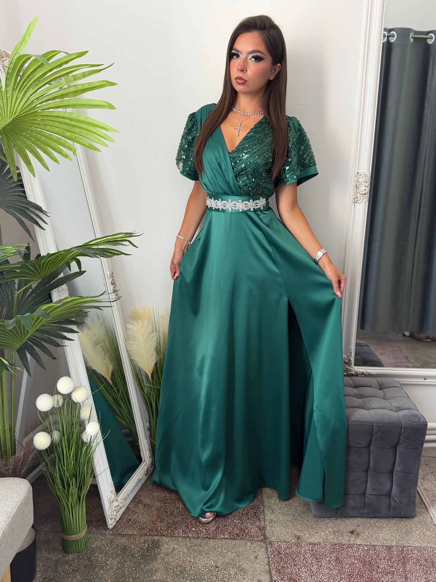 Rochie lungă din tafta verde smarald EDA