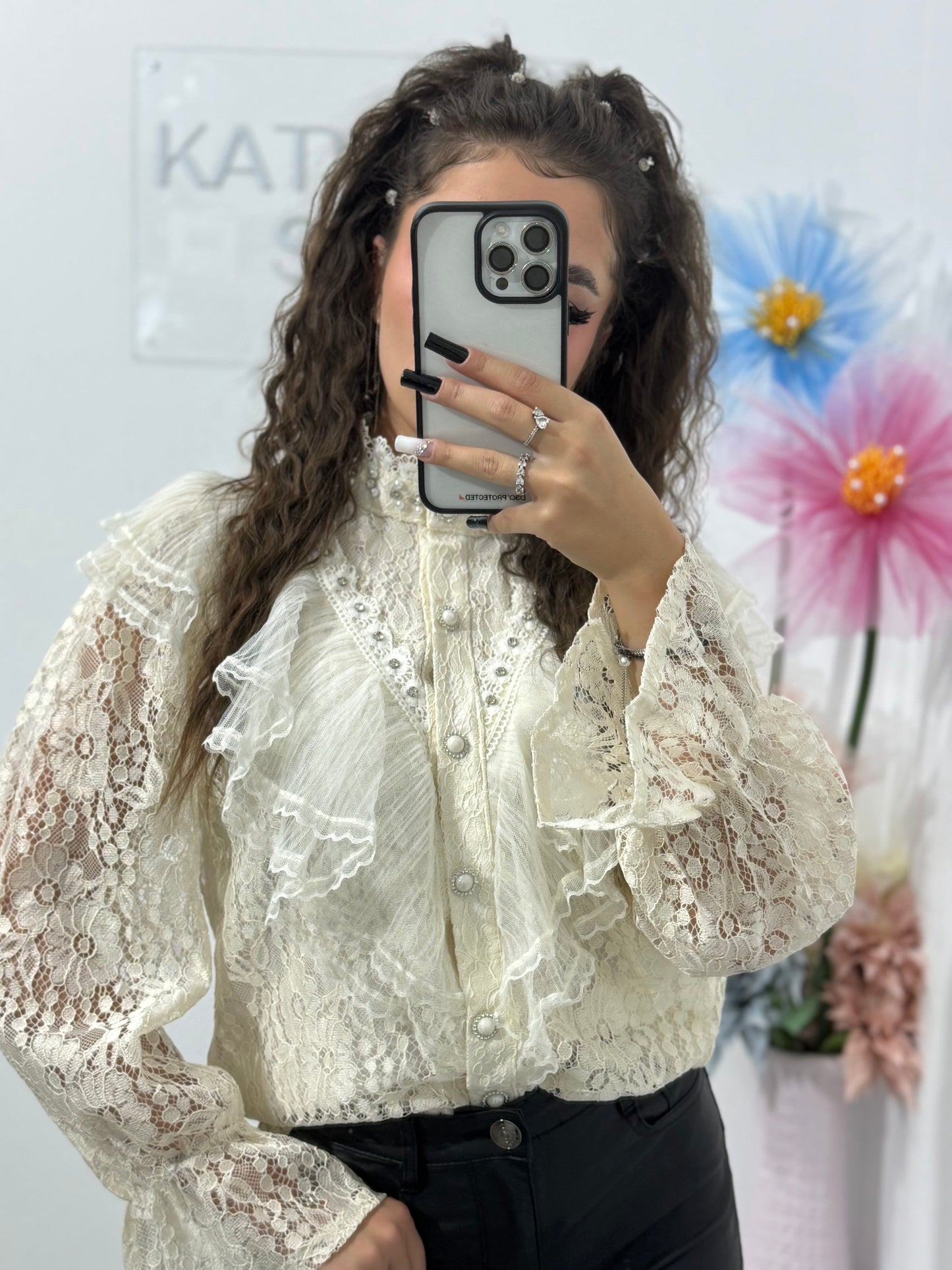 Cămașă cu dantelă și cristale Glam