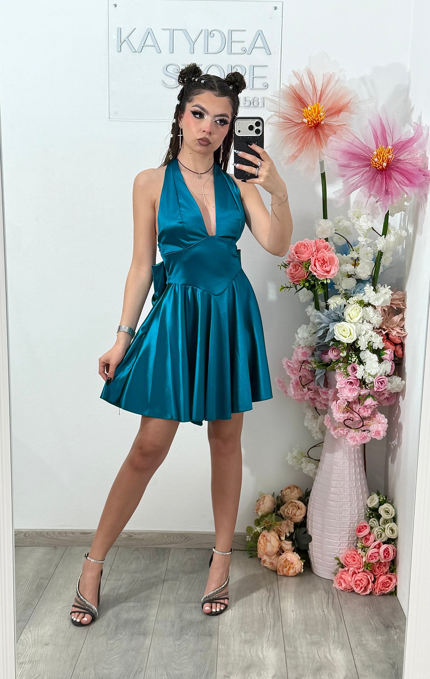 Rochie satinata cu funda BELLE turcoaz