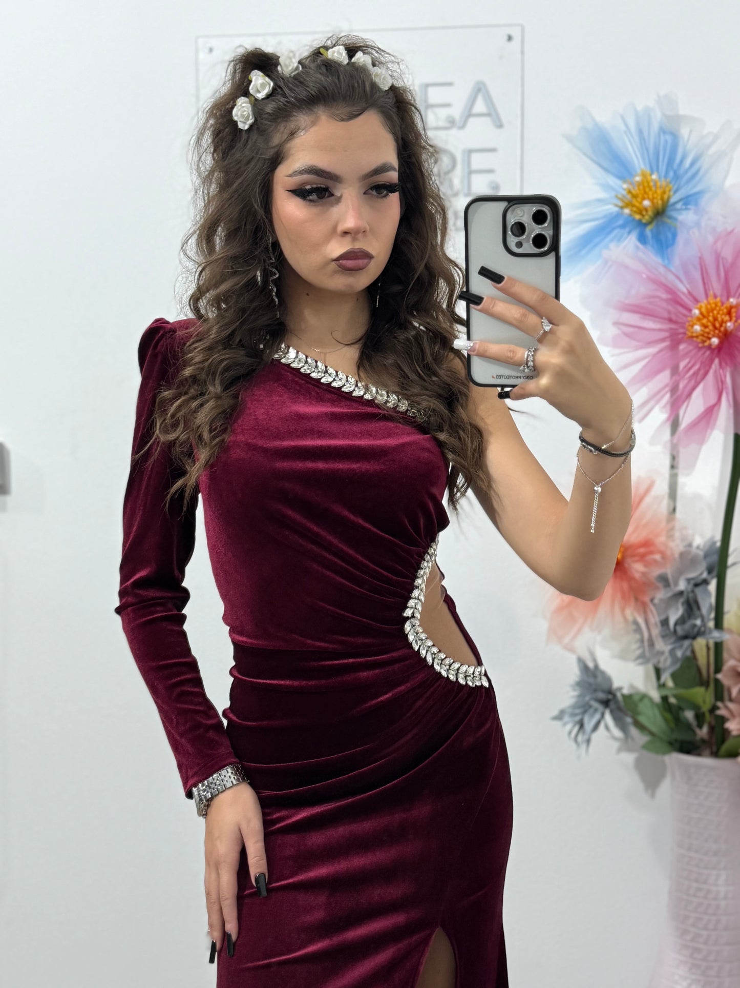 Rochie lunga din catifea burgundy Hellena