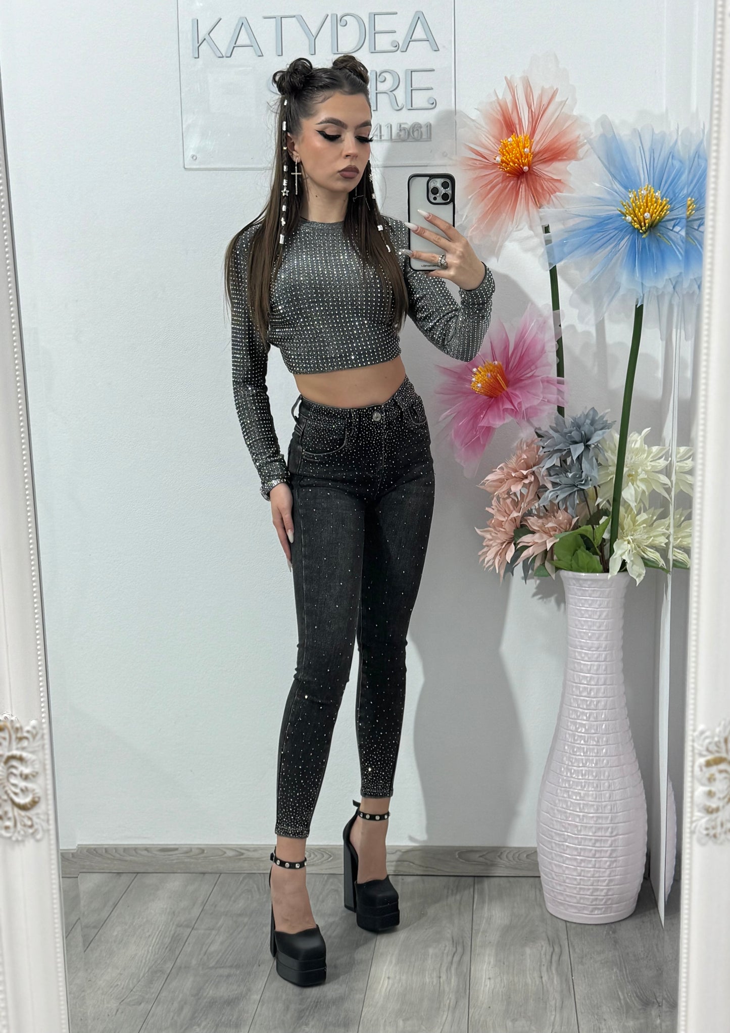Jeans skinny gri cu cristale ALINA