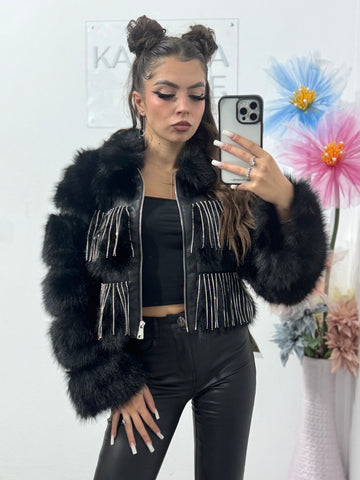 Geacă din blană cu cristale neagră Alexis