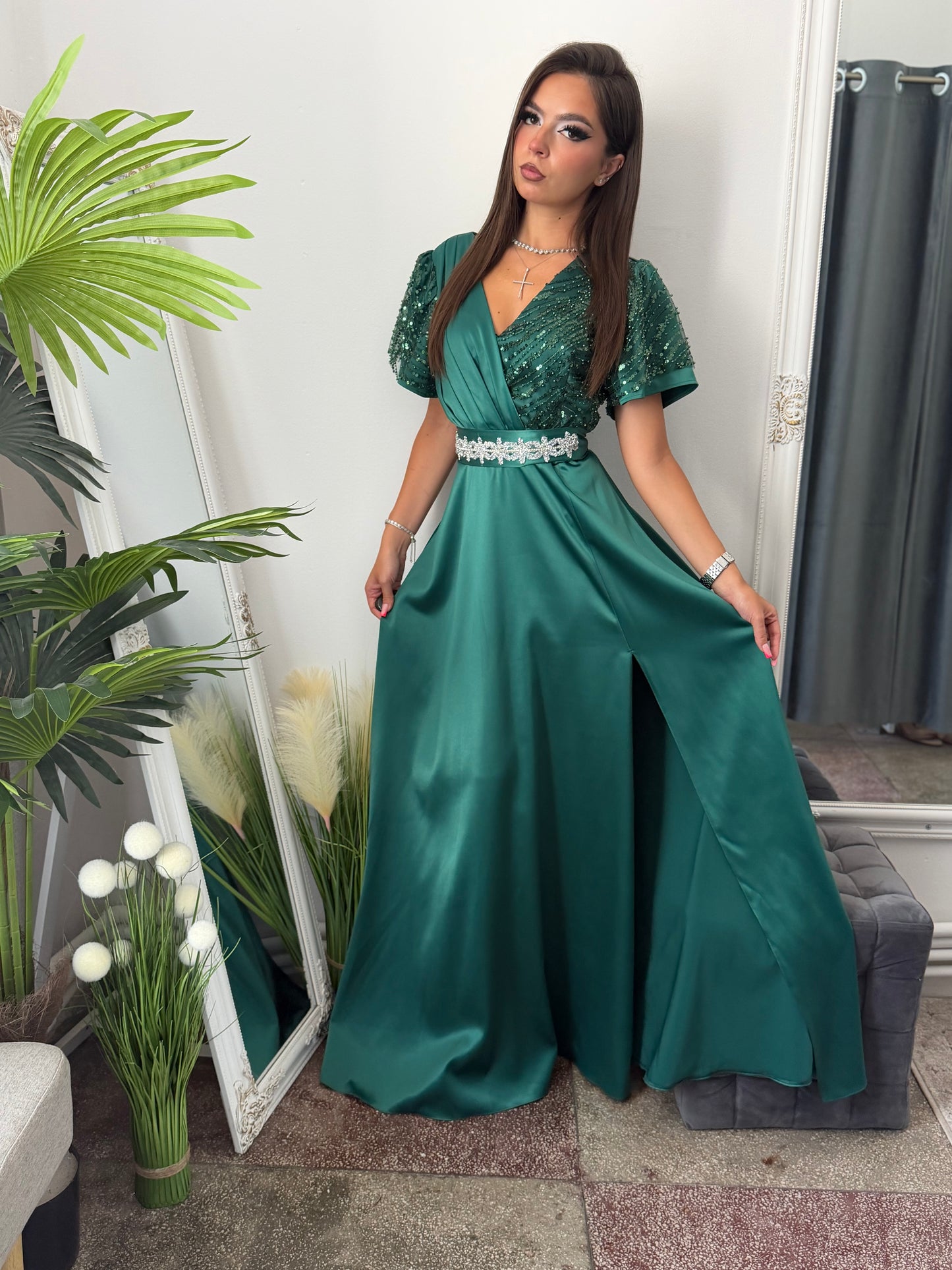 Rochie lungă din tafta verde smarald EDA