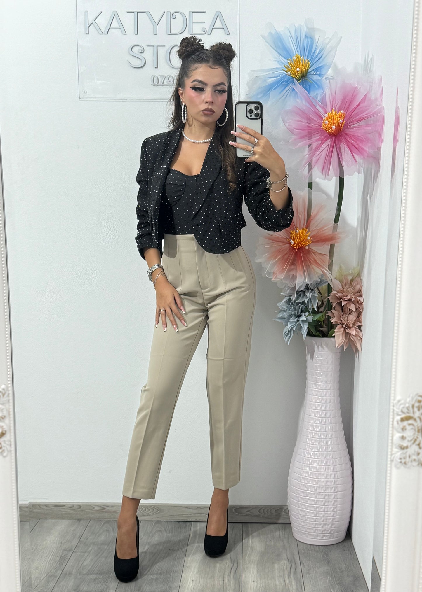 Pantalon crem cu talie inalta Caroline