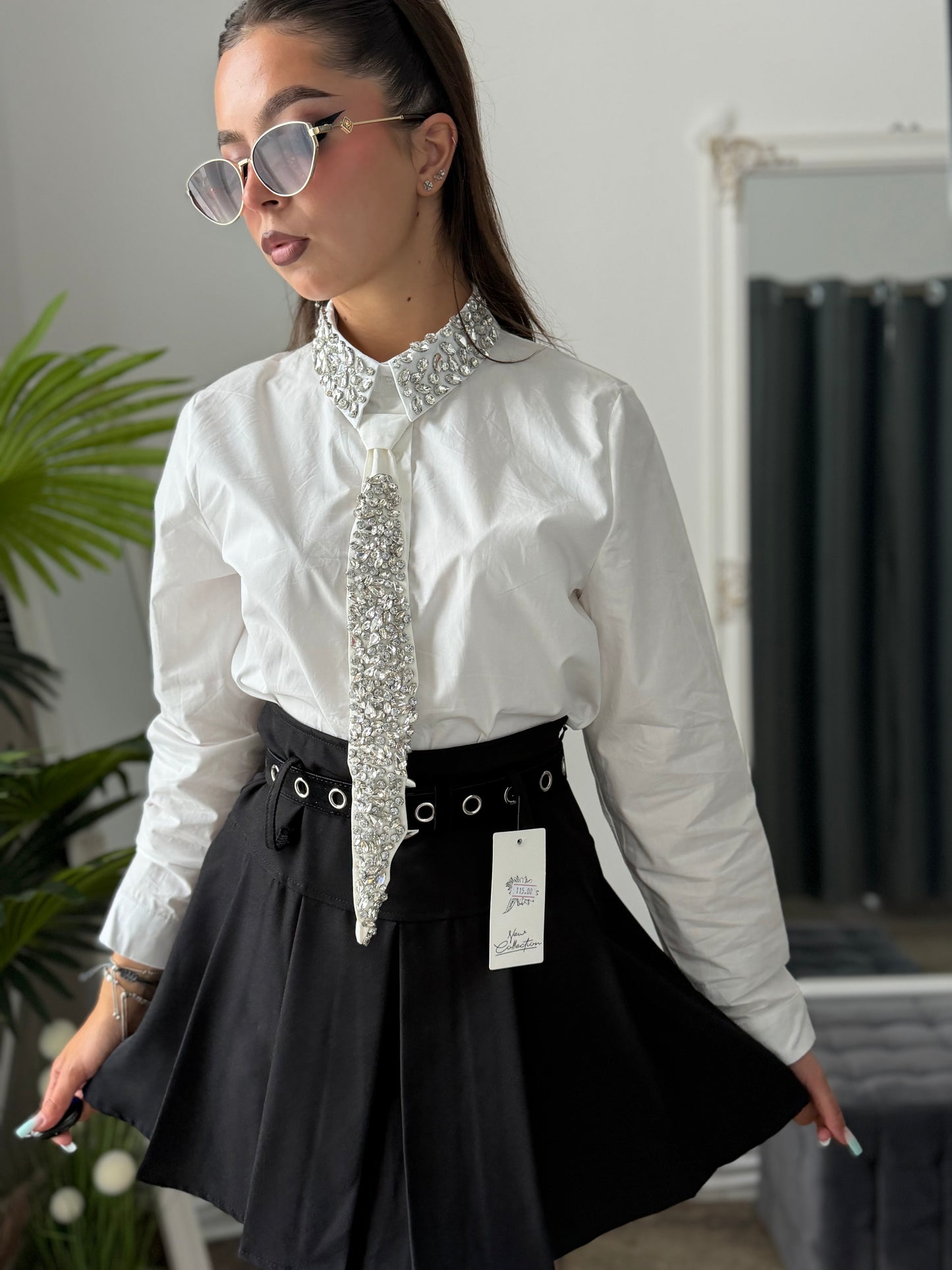 Cămașă elegantă accesorizată alb OANA