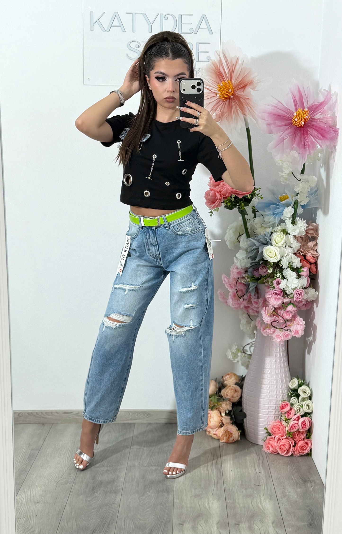 Jeans momfit rupți albaștri ANDA