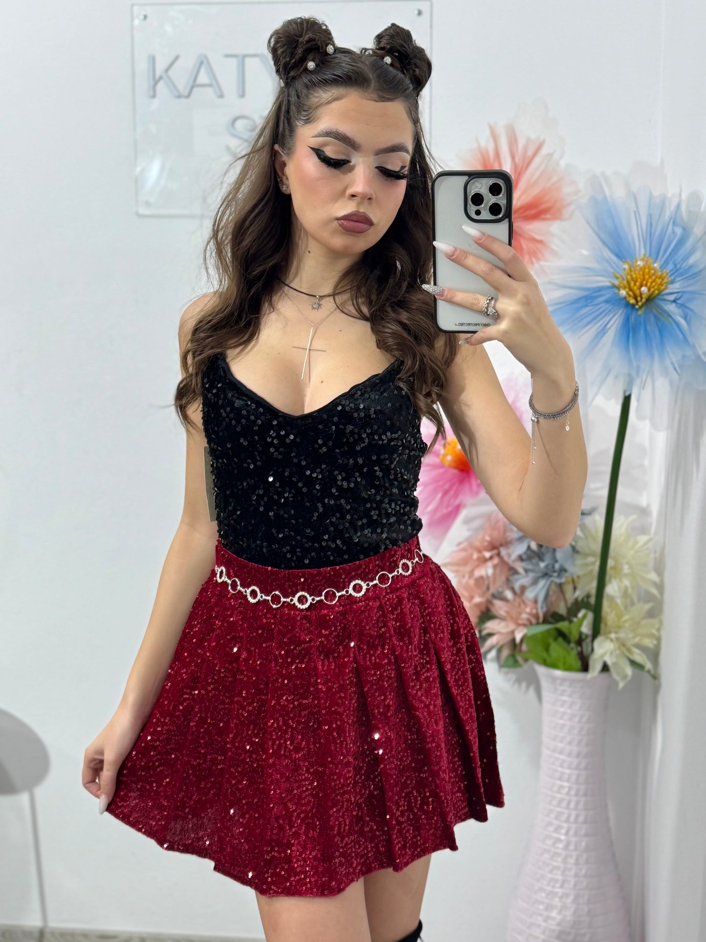 Fustă-pantalon plisată din paiete roșie DELIA