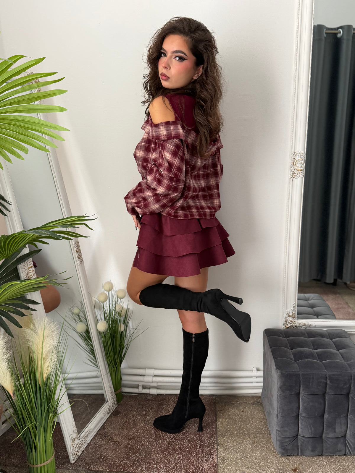 Fustă cu volanase burgundy