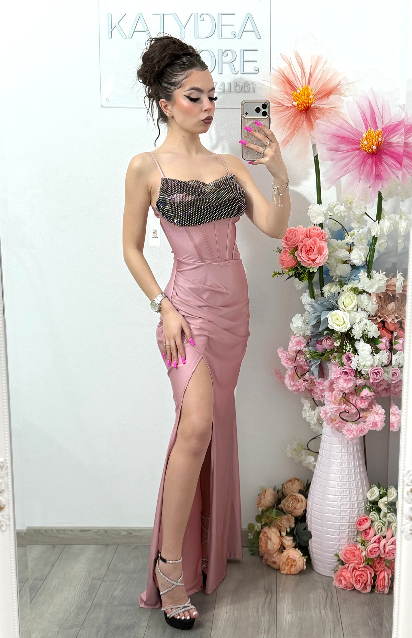 Rochie elegantă cu cristale roz pudră Katherine