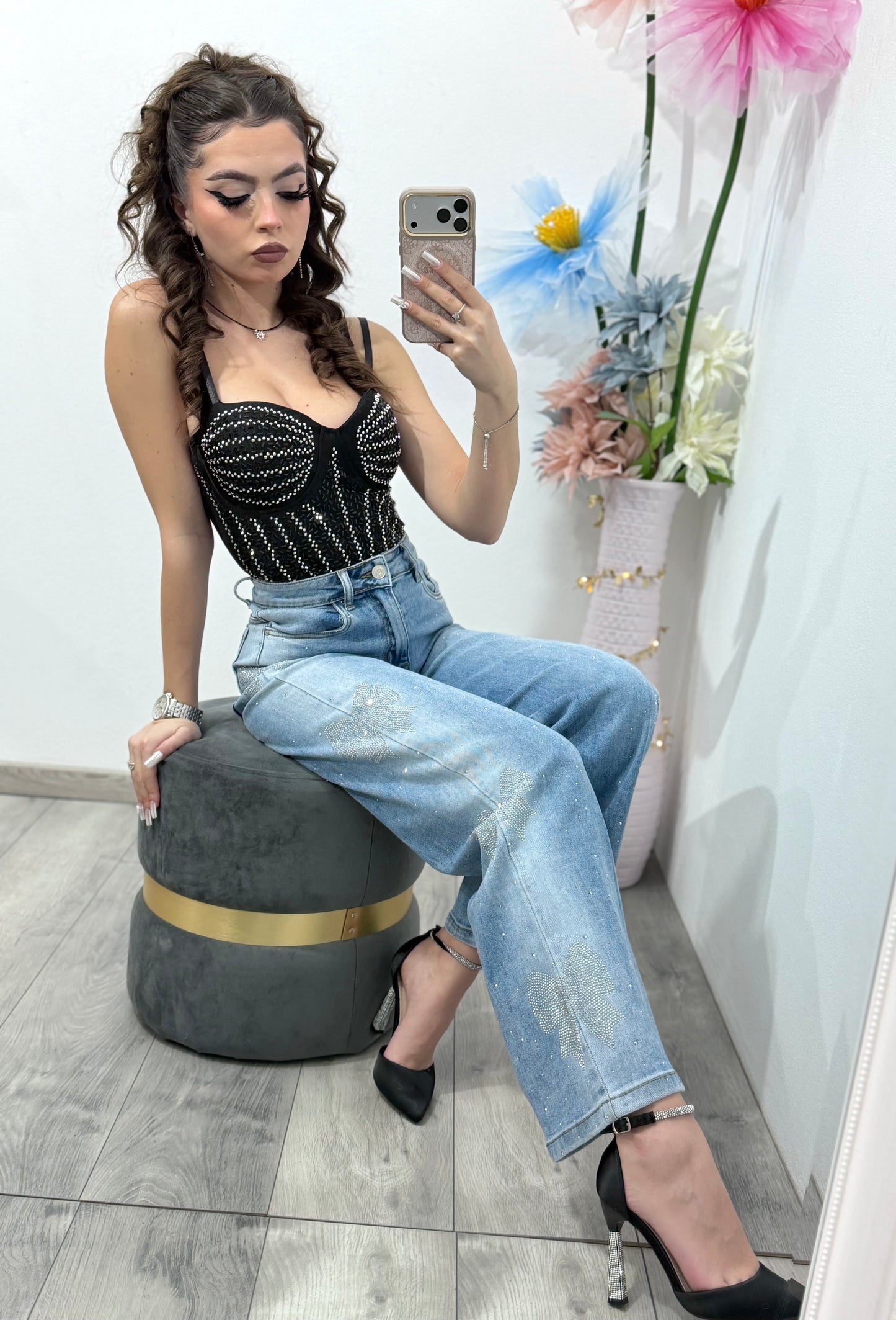 Blugi WideLeg albaștri cu fundițe ștanțate