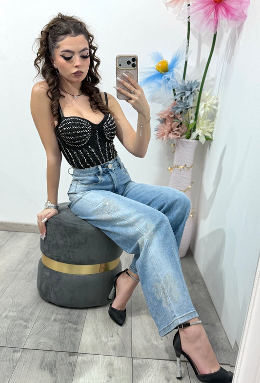 Blugi WideLeg albaștri cu fundițe ștanțate