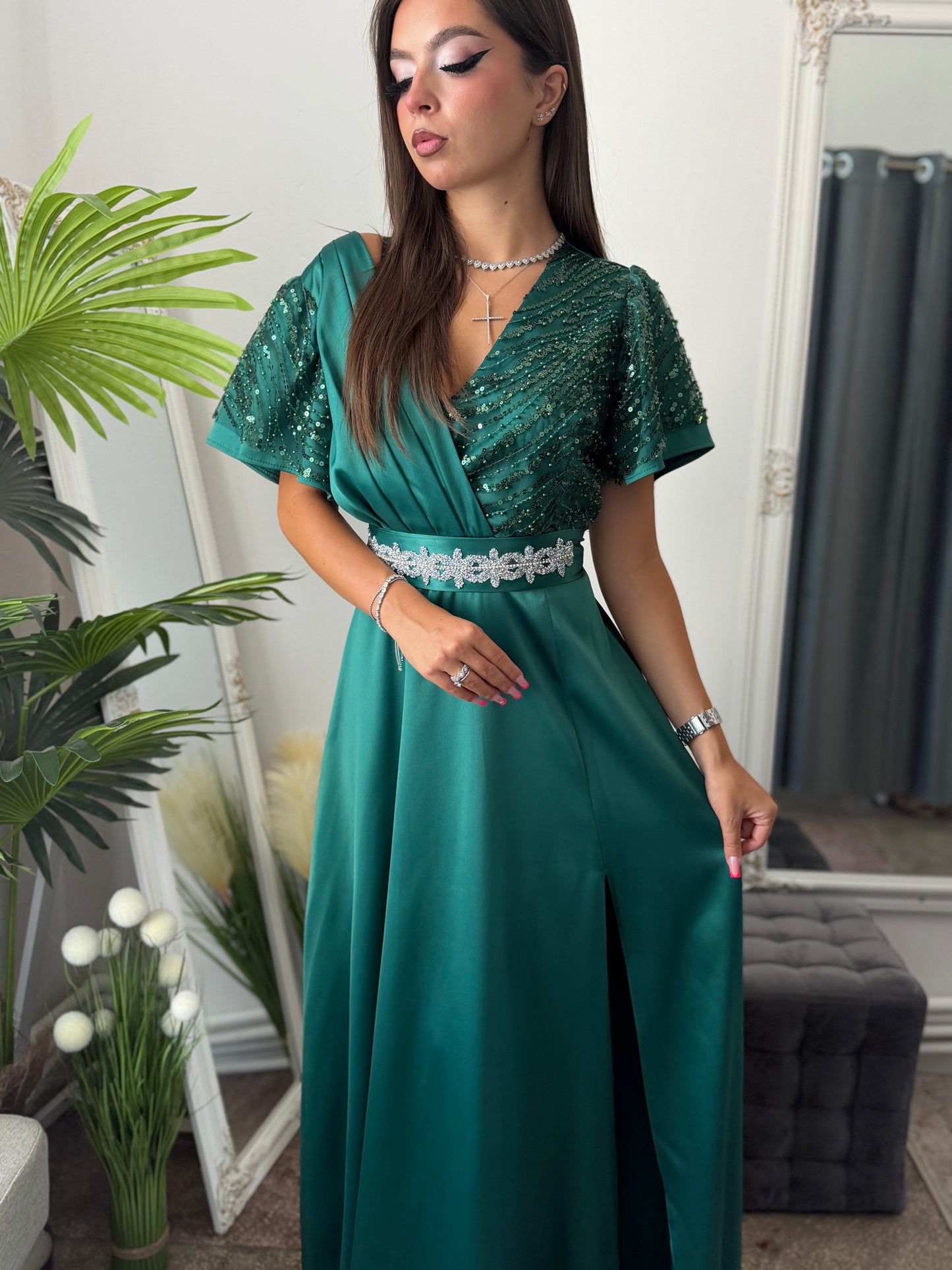 Rochie lungă din tafta verde smarald EDA