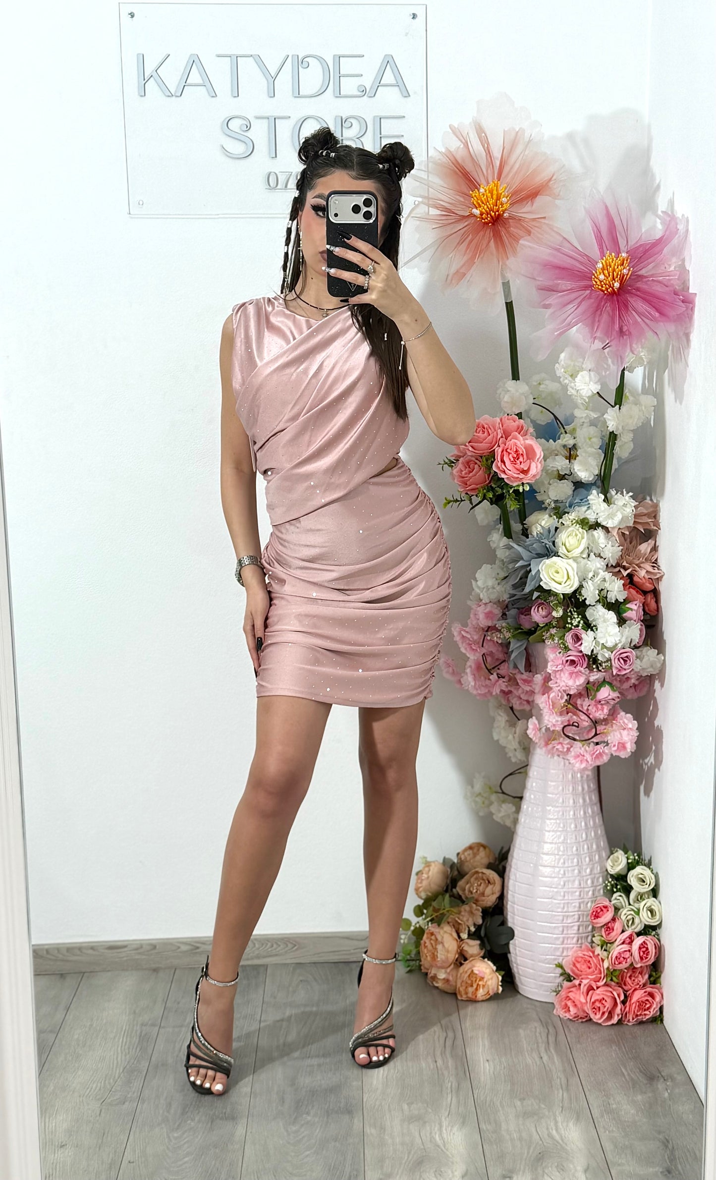 Rochie elegantă cu cristale ștanțate roz SELENA