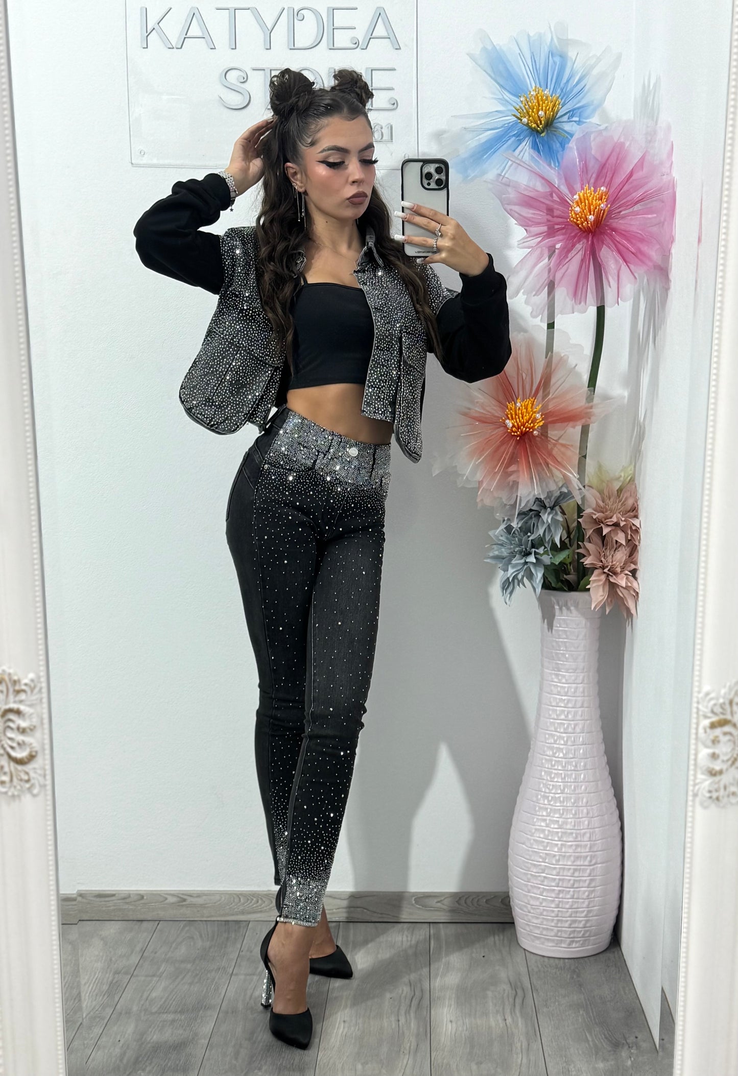 Jeans skinny gri cu cristale Oliva