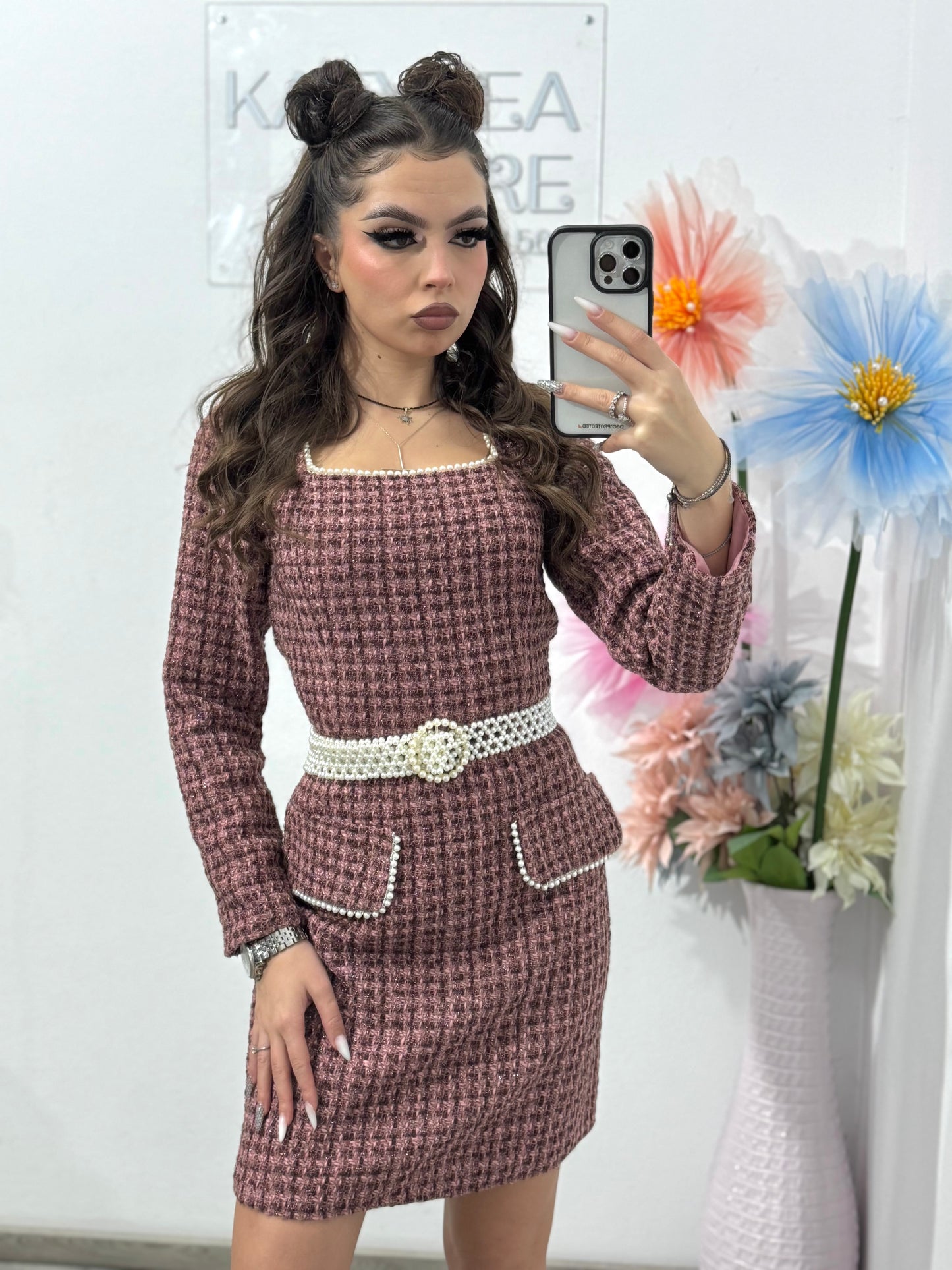 Rochie din tweed roz ELLA