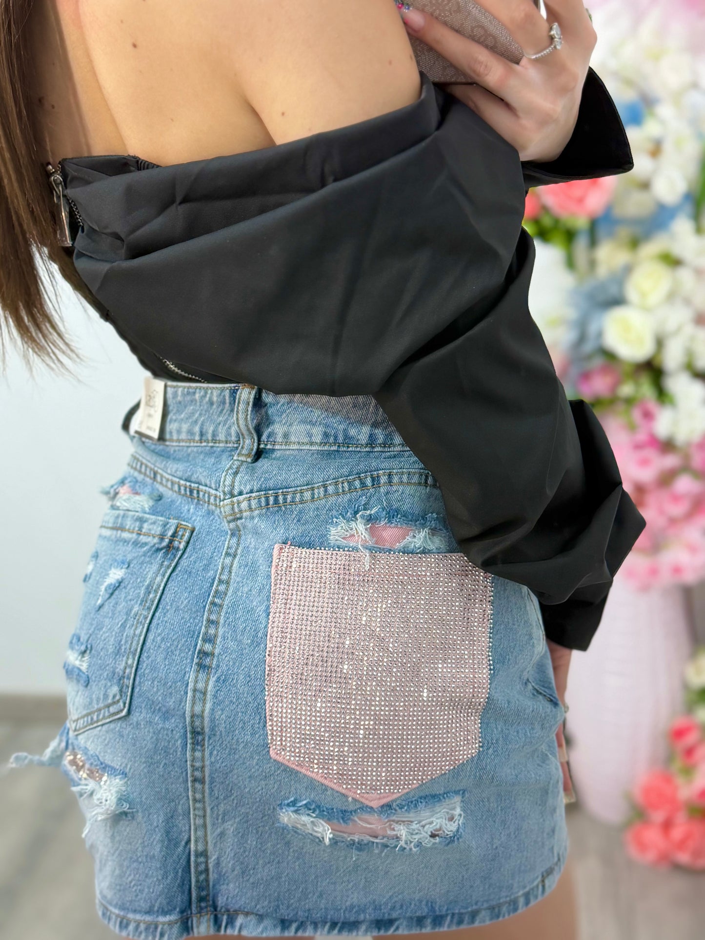 Fustă din denim cu buzunar roz cu cristale RAMONA