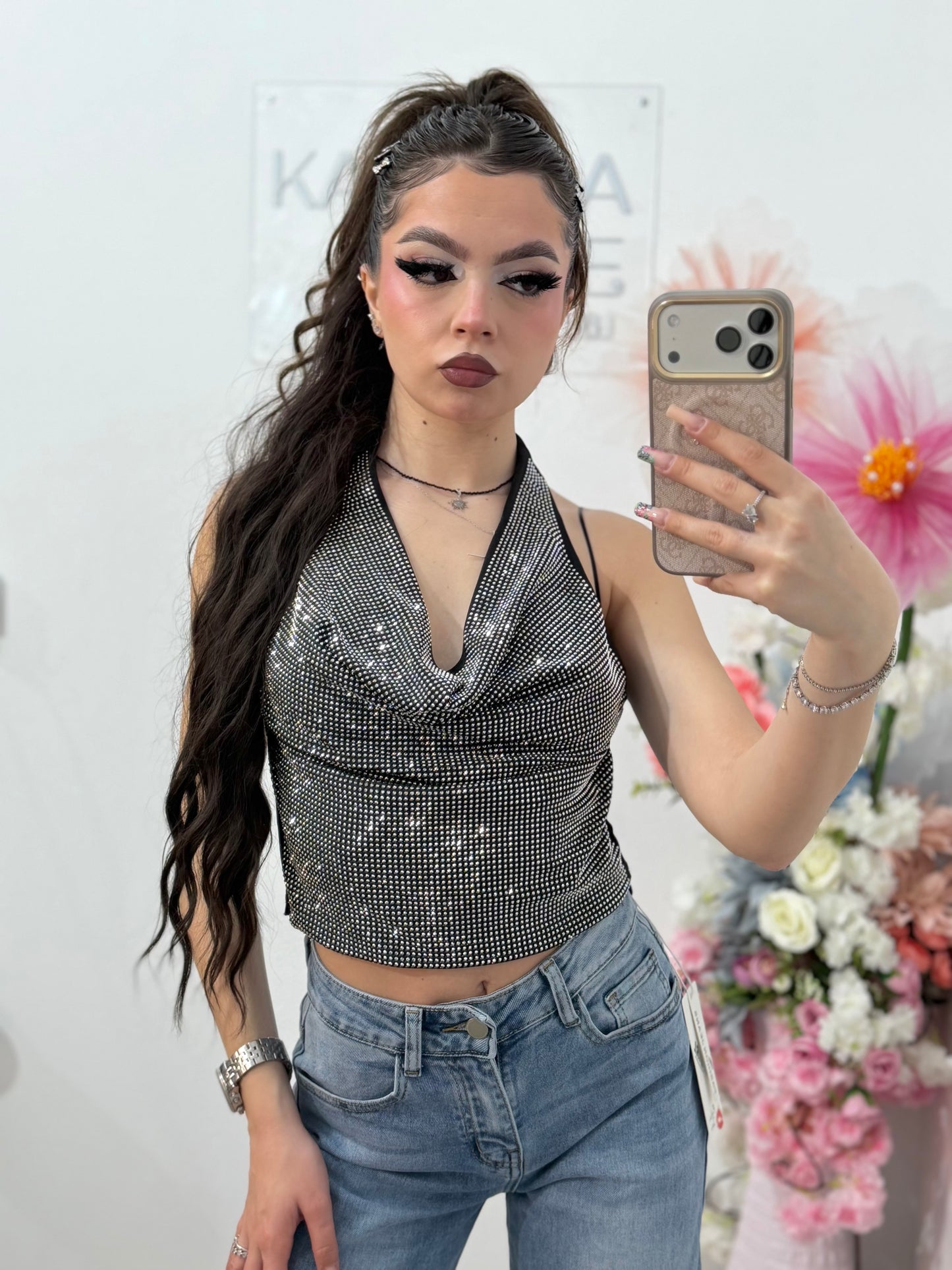 Top elegant full piatră negru  NASIA