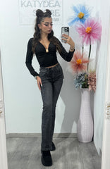 Jeans evazați gri cu cristale ștanțate Laura