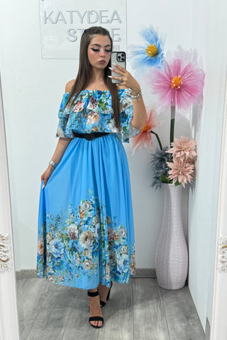 Rochie din voal cu imprimeu albastru Delilah