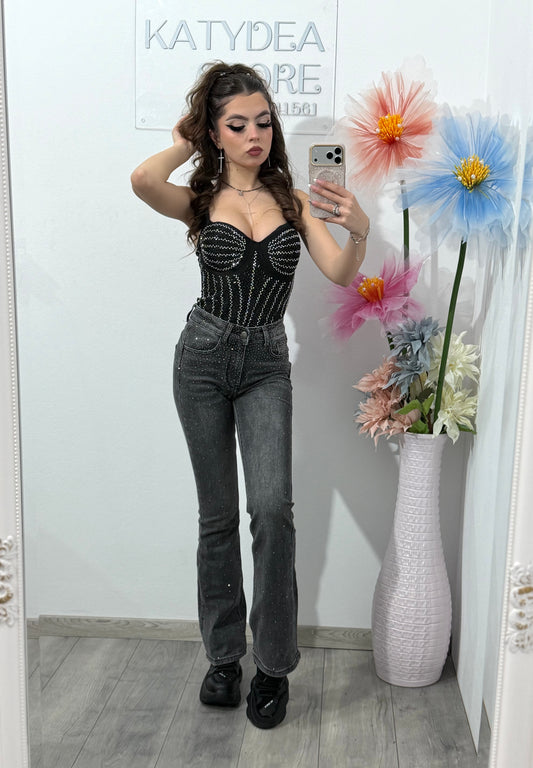 Jeans evazați gri cu cristale ștanțate LARY