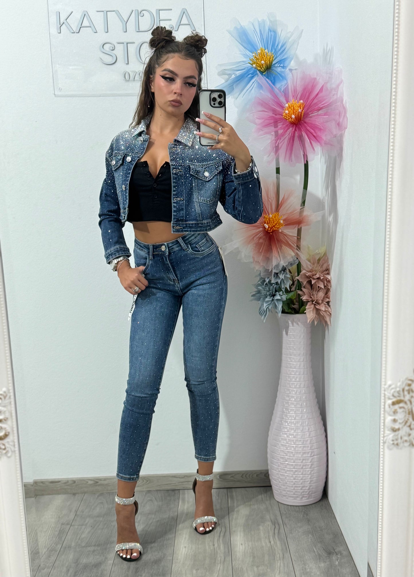Jeans skinny albaștri cu cristale Clara
